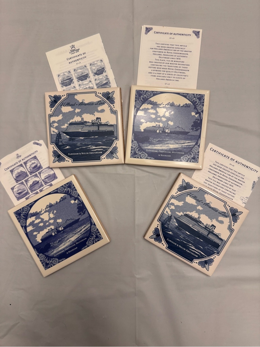 Holland America Cruise Ship -Set of 4 Delft-Style Blue & White Ceramic Tiles